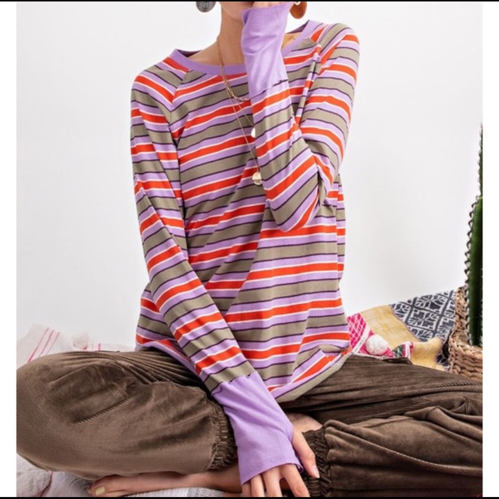 Easel LA Striped Raw Hem Long Sleeve Thumb Hole Tee
